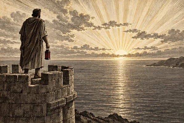 A watchman on a stone tower before a rising sun over the sea