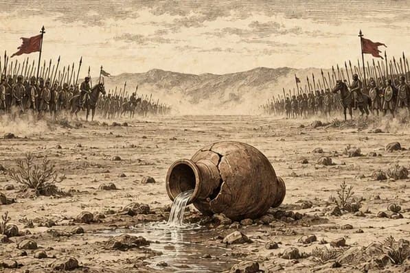 Two ancient armies advancing across a plain toward a cracked water jar