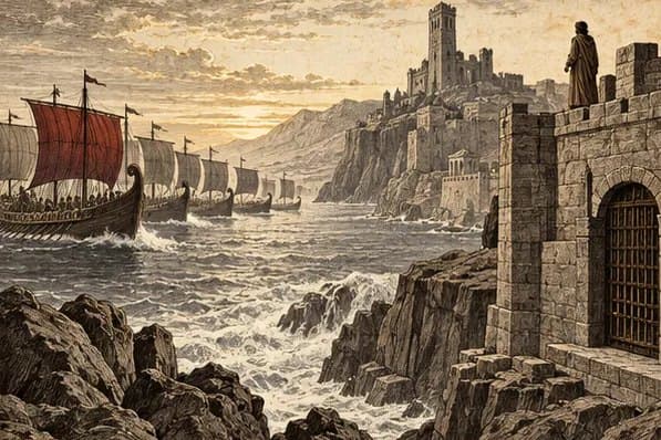 Warships with red sails approaching a fortress on the cliffs