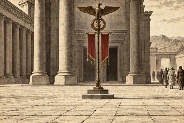 A pagan eagle standard planted in an empty temple courtyard