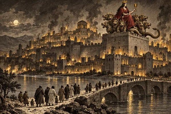 A crowned woman on a many-headed beast above a burning city as people cross a bridge away